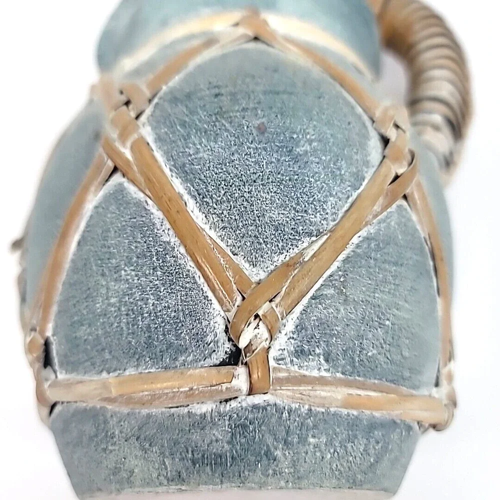 Vintage Coastal Rattan Wrapped Blue Terra‎ Cotta Pitcher 8.25